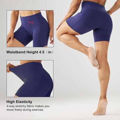 Lovesoft women's 5-inch high waist biker shorts with side pockets, stretchy compression spandex for yoga, running, and gym workouts