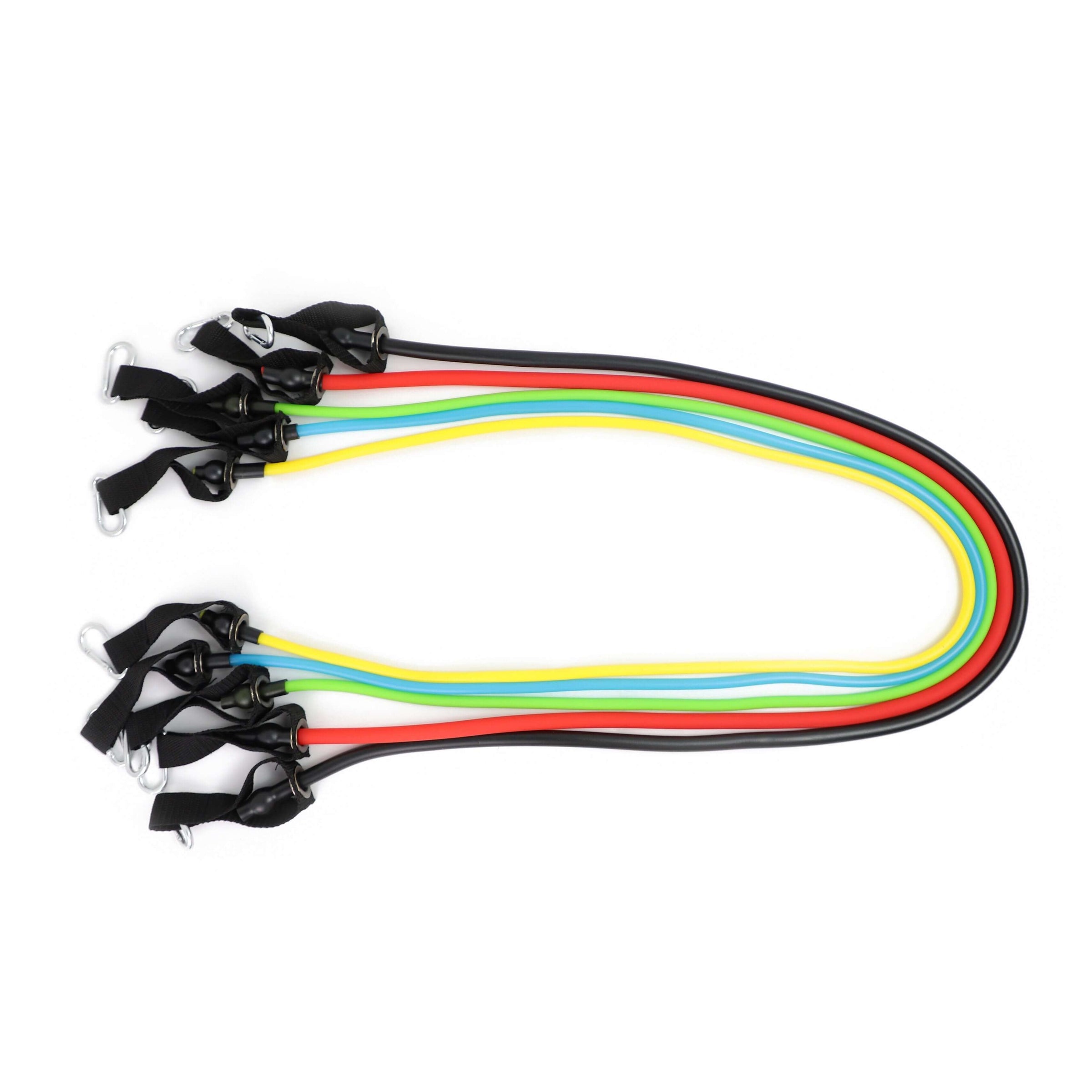 max resistance workout tube kit featuring colorful resistance bands for full body exercise at home or on the go.