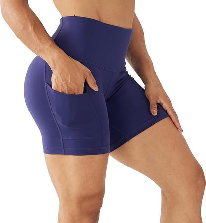 Lovesoft women's 5-inch high waist biker shorts with side pockets, made of workout compression spandex for yoga, running, and gym.