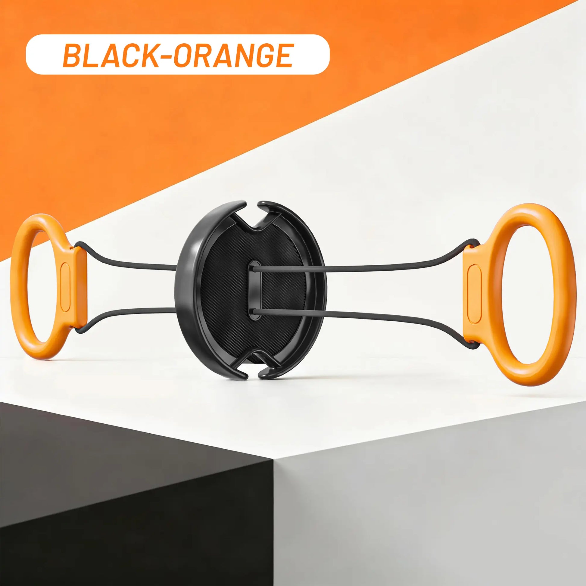 Fitness Essentials flywheel resistance bands with handles for portable home workouts targeting arms, back, and shoulders.