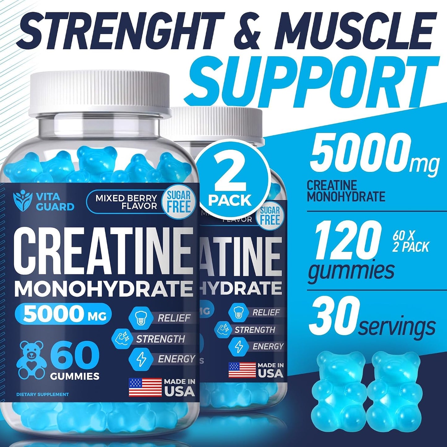 Vita Guard 5000Mg Creatine Monohydrate Gummies Formula for Men and Women Ultimate Muscle Builder, Energy Booster & Pre-Workout Supplement (2 Pack)