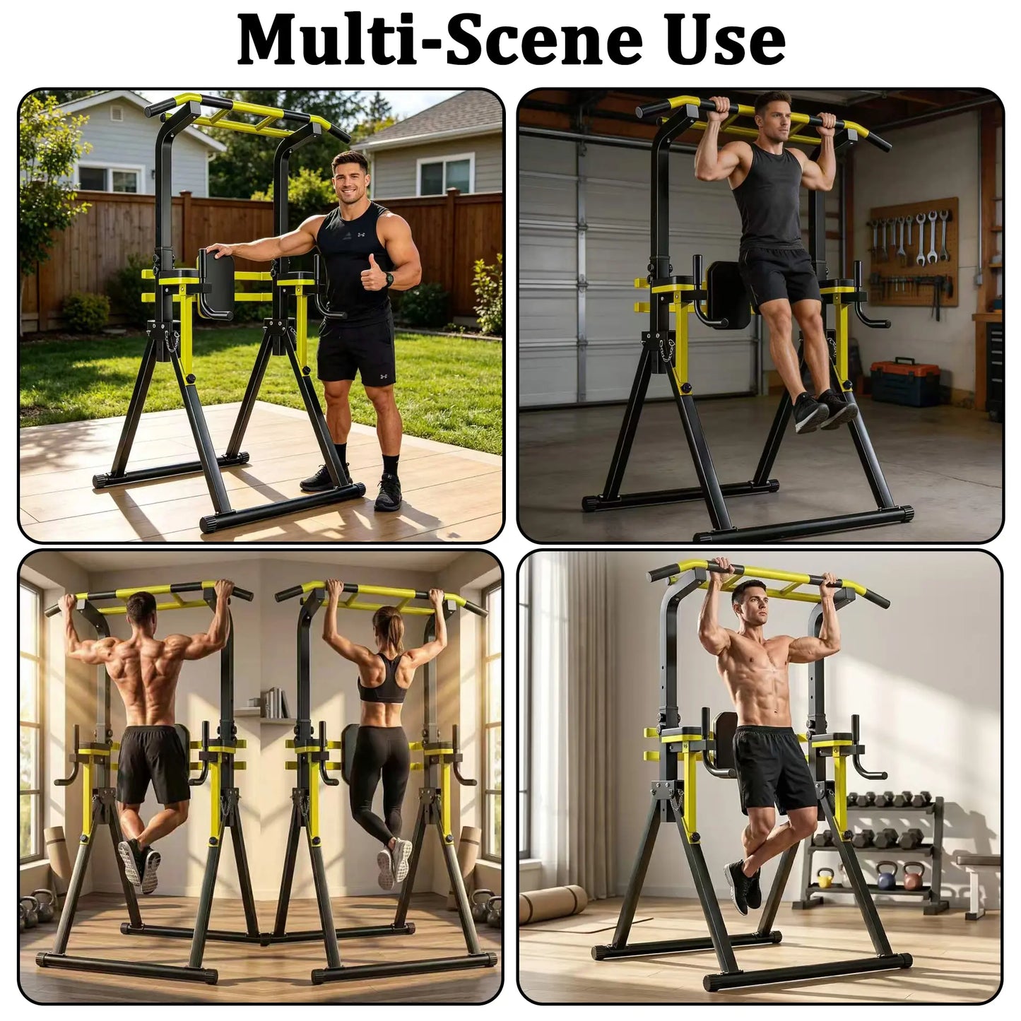 Fitness Essentials Saveyour Power Tower Pull-up Bar with adjustable height, foldable design, and heavy-duty steel construction for home gyms.