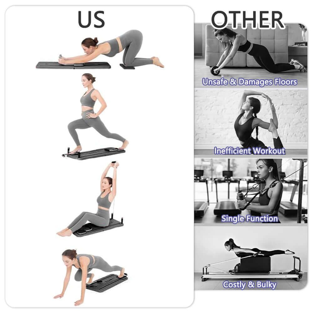 Image comparing uses of foldable Pilates board with resistance bands versus traditional equipment.