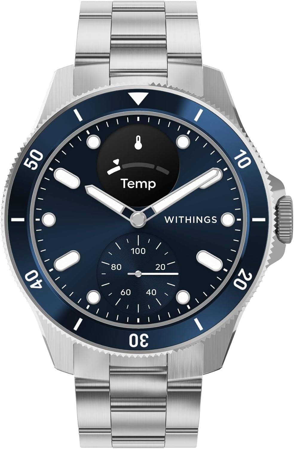 Blue Withings Scanwatch Nova hybrid smart watch showing heart rate, SPO2, temperature, sleep, and cycle monitoring on a wrist.