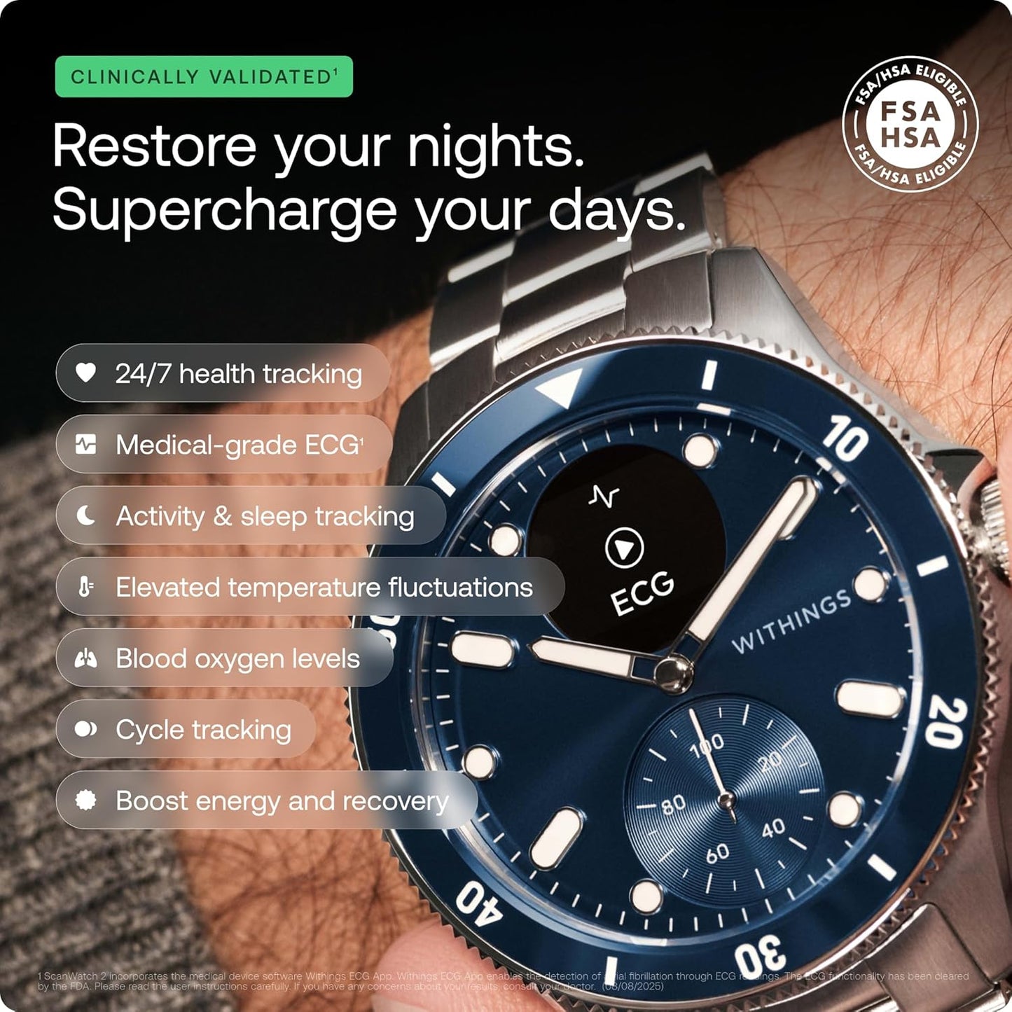 Blue Withings Scanwatch Nova hybrid heart health smartwatch showing digital display with SPO2, temperature, sleep, and cycle monitoring features.