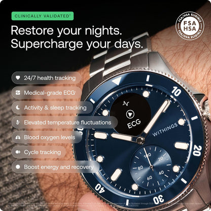 Blue Withings Scanwatch Nova hybrid heart health smartwatch showing digital display with SPO2, temperature, sleep, and cycle monitoring features.