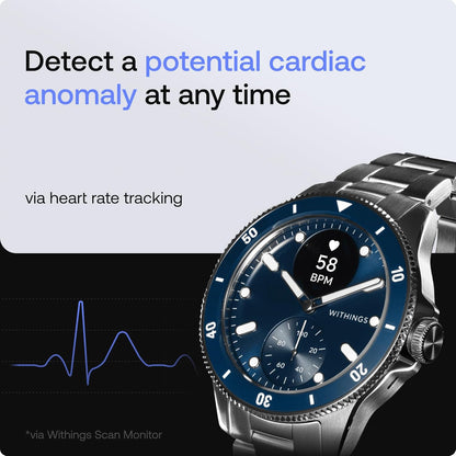 Blue Withings Scanwatch Nova hybrid smartwatch showing a digital display with health metrics, sleep tracking, and cycle monitoring.