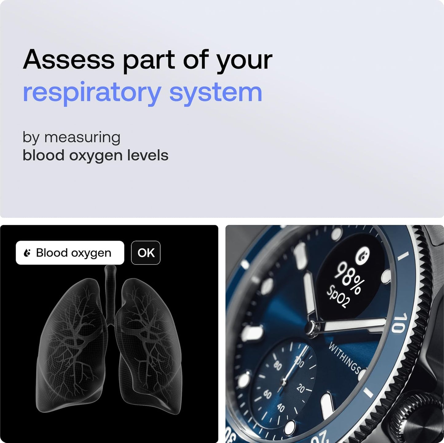 Blue Withings Scanwatch Nova hybrid smart watch showing heart health features, SPO2, temperature, sleep, and cycle monitoring on a wrist.
