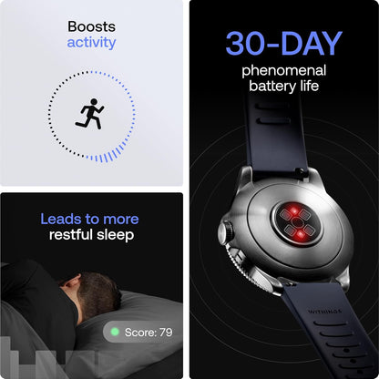 Blue Withings Scanwatch Nova hybrid smart watch displaying heart health, SPO2, temperature, sleep, and cycle monitoring features.