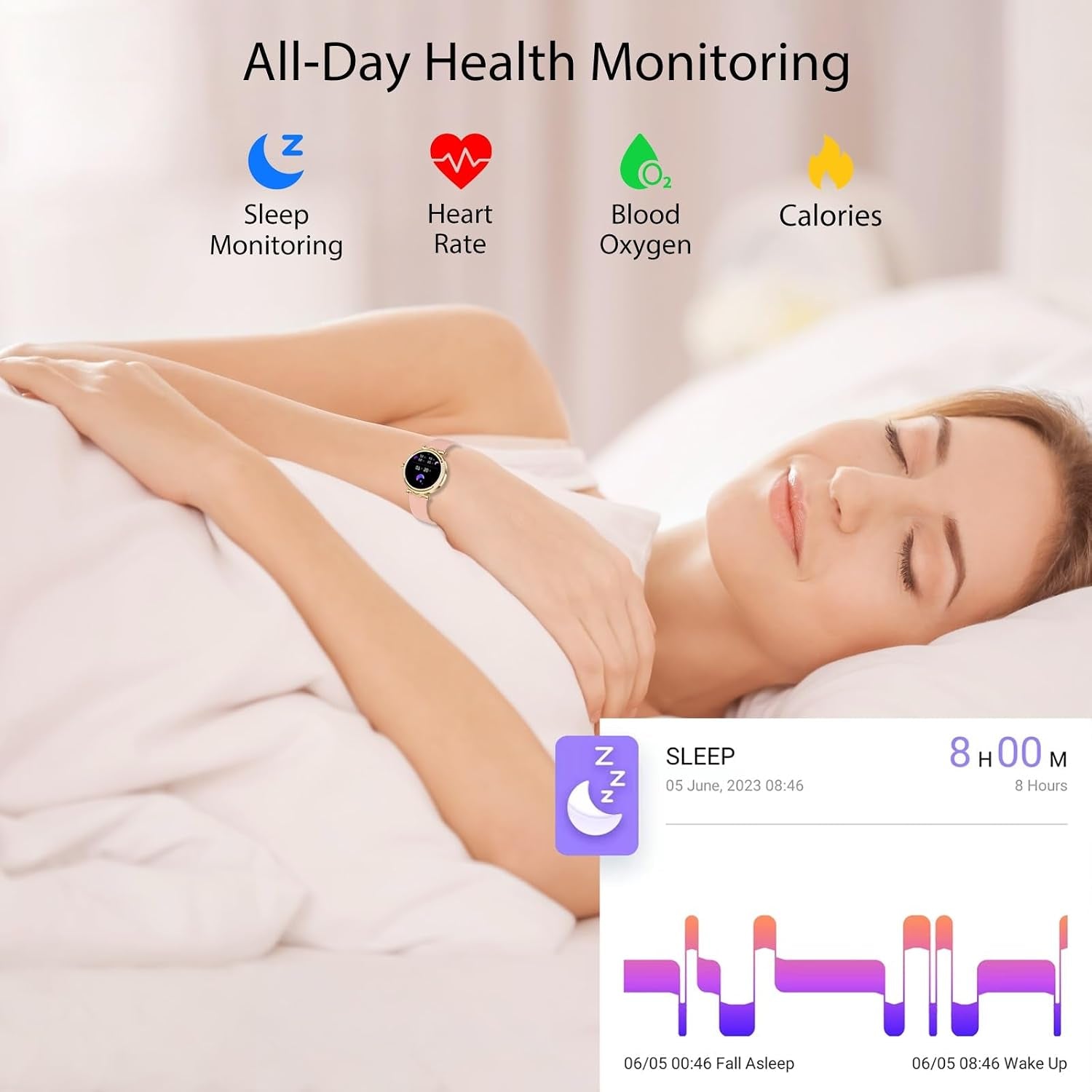 Duobuy women’s fitness smart watch with heart rate, blood oxygen, sleep and step tracking, IP68 waterproof, compatible with iPhone and Android
