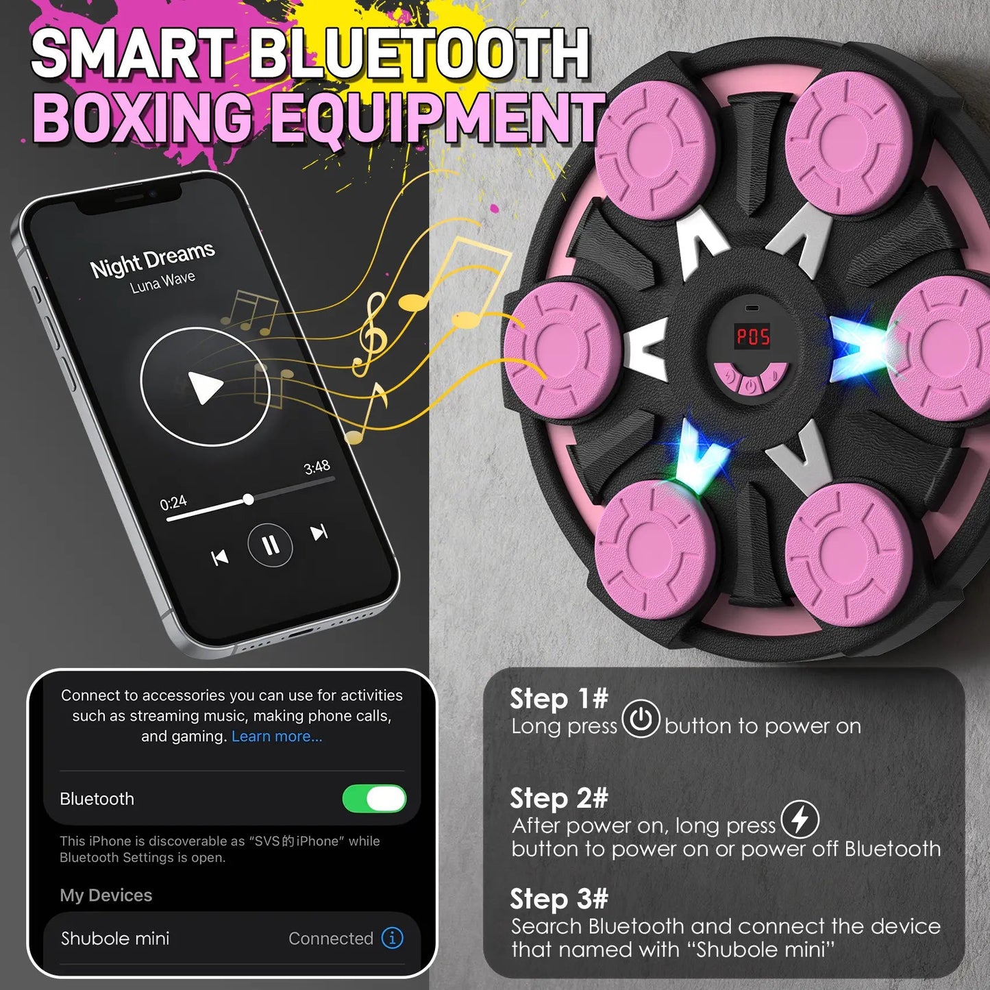 Fitness Essentials music boxing machine for kids and adults featuring wall punching pad, lighting, 9-speed Bluetooth game, and gloves