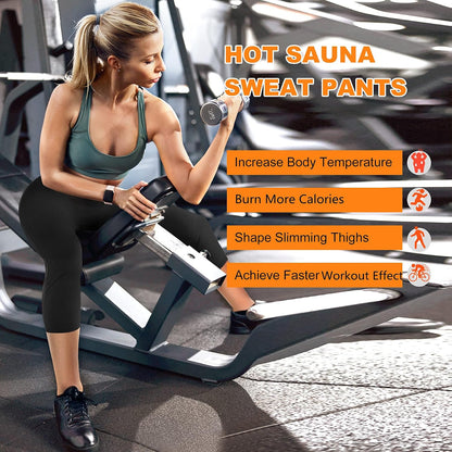 Woman wearing high waist sauna sweat pants while working out and lifting weights in a gym.