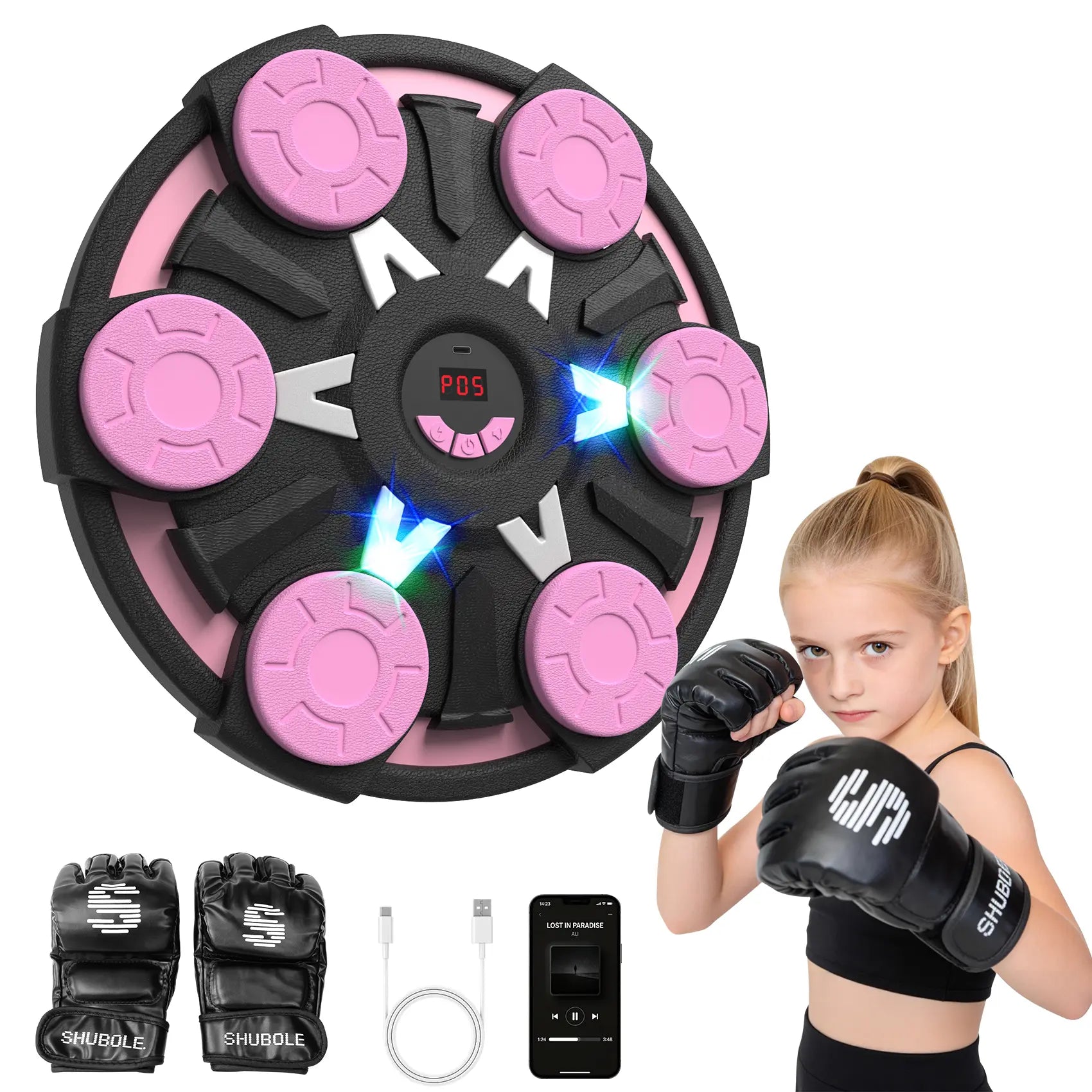 Fitness Essentials music boxing machine for kids and adults with wall-mounted punching pad, lighting, Bluetooth, and boxing gloves.