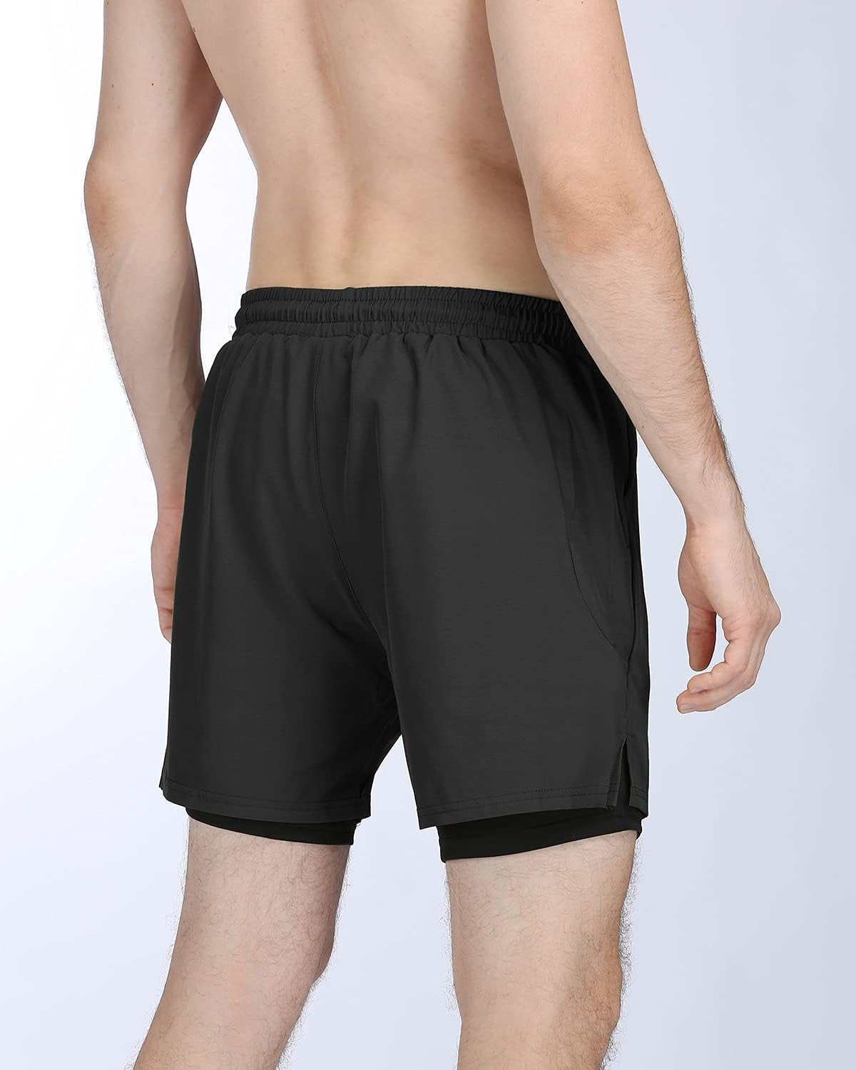 We1Fit men's 2-in-1 running shorts in black with quick-dry fabric, 5-inch inseam, and phone pockets for athletic gym workouts.