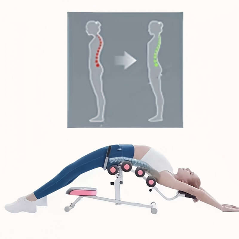 Adjustable lumbar support for yoga shown in use for back stretching, highlighting postural improvement.