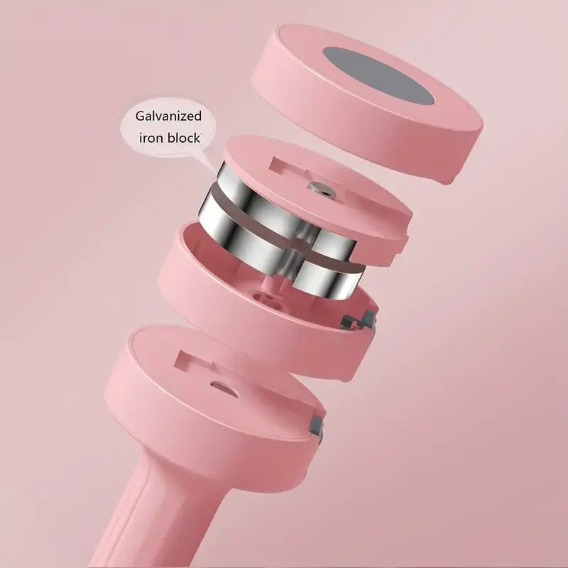Exploded view of adjustable pink dumbbells set showcasing galvanized iron block design and components.