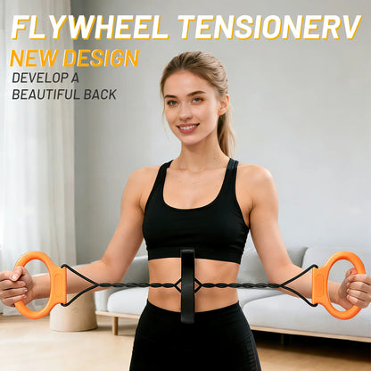 Fitness Essentials Flywheel Resistance Bands with Handles for portable home workouts targeting arms, back, and shoulders.