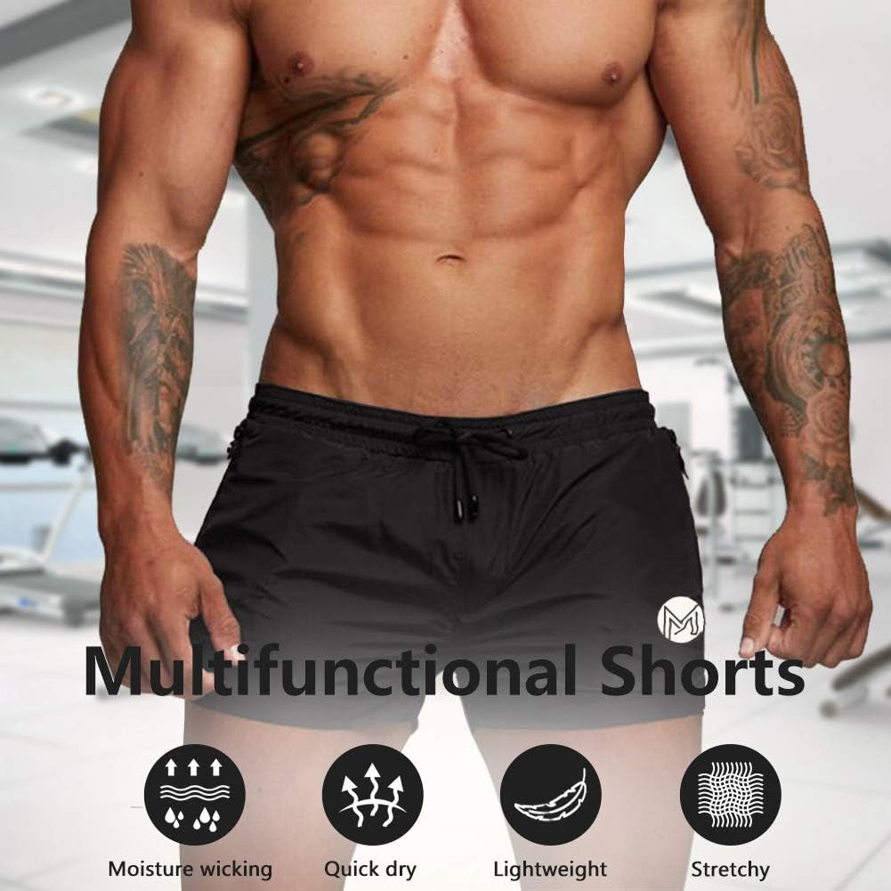Men's MICOZIFY gym workout shorts, 3-inch bodybuilding running shorts with zipper pockets, black athletic shorts for training and running