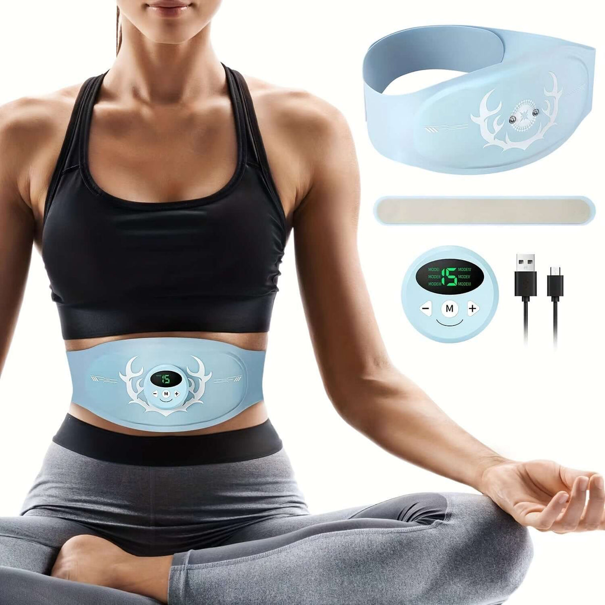 High-Intensity Abdominal Muscle Trainer – Portable abdominal muscle trainer in blue worn by a woman during a workout.