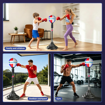 Family and children training with height adjustable reflex punching bag in home gym setting.