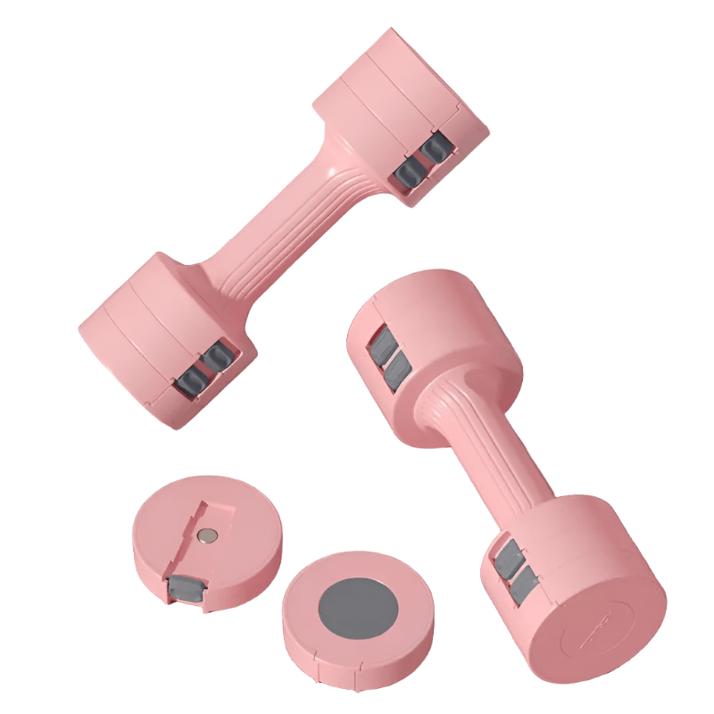 Adjustable pink dumbbells set including detachable weights for versatile workouts.