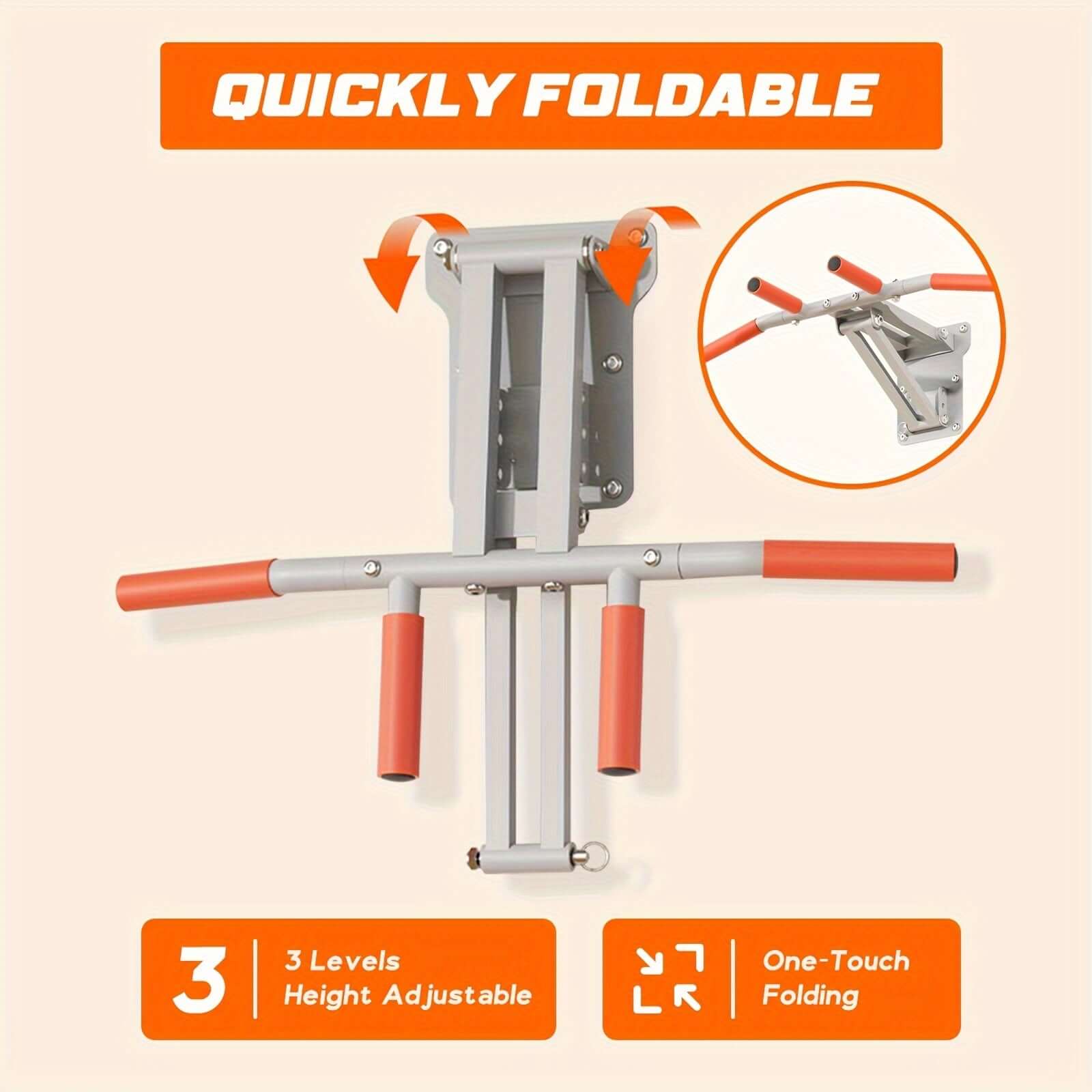 Wall mount pull-up bar with quickly foldable design, adjustable height, and easy installation for home workouts.