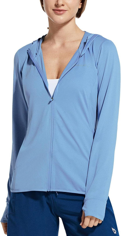 Baleaf women's UPF 50+ sun protection hooded cooling hiking jacket with pockets, outdoor performance, lightweight and breathable.