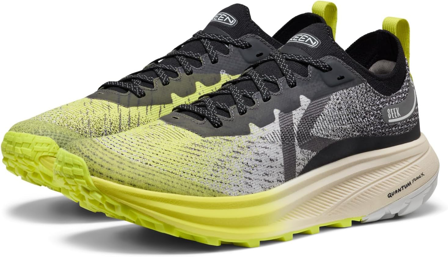 KEEN Seek Trail Running Shoes in gray and black with rugged soles for outdoor trail running and hiking.