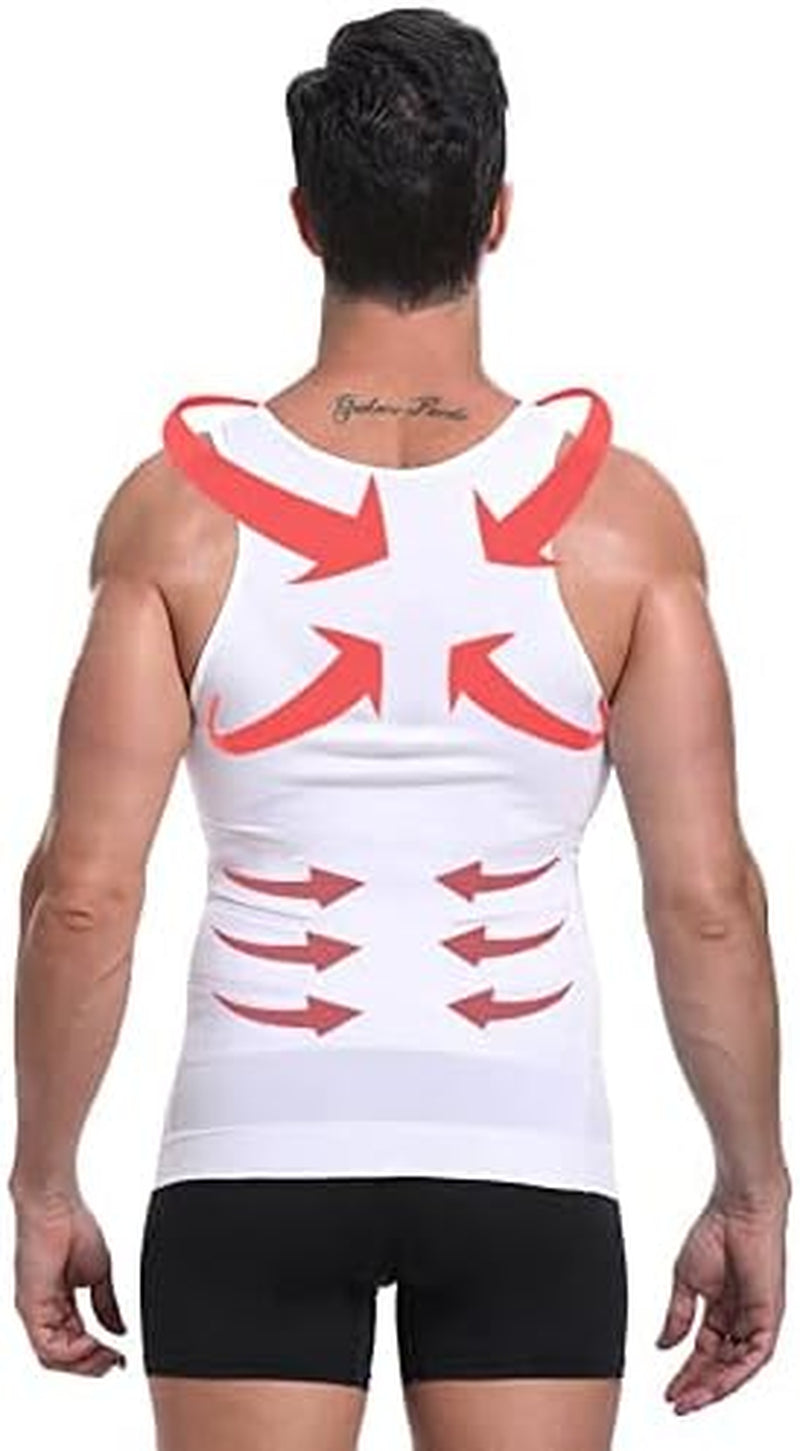 GJKJ men's slimming body shaper tank top, fitted sleeveless compression gym workout shirt for men, shown in black and gray.