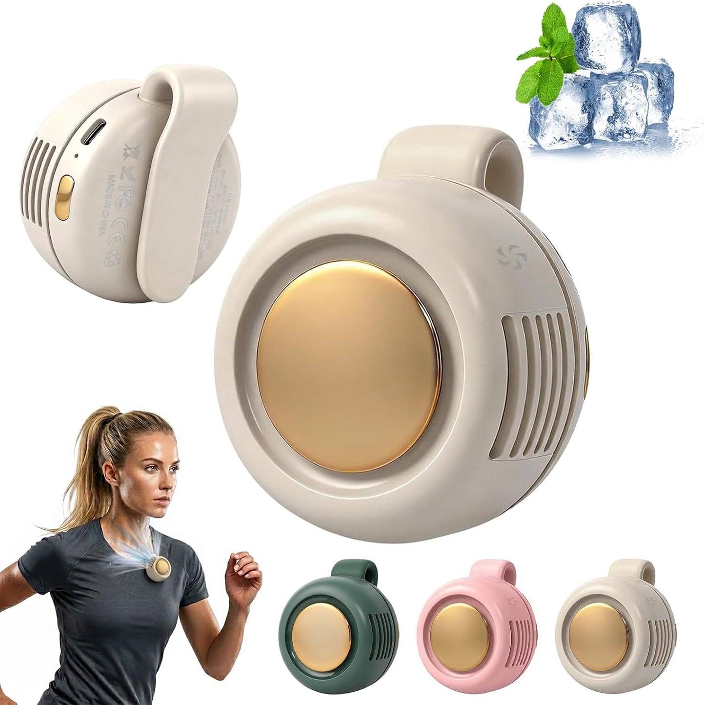 Brabantia portable clip-on bladeless fan in various colors, ideal for hands-free cooling during outdoor activities.