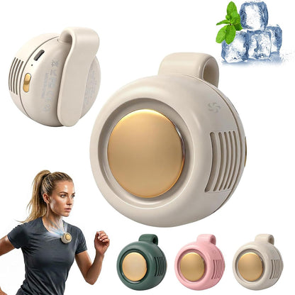 Brabantia portable clip-on bladeless fan in various colors, ideal for hands-free cooling during outdoor activities.