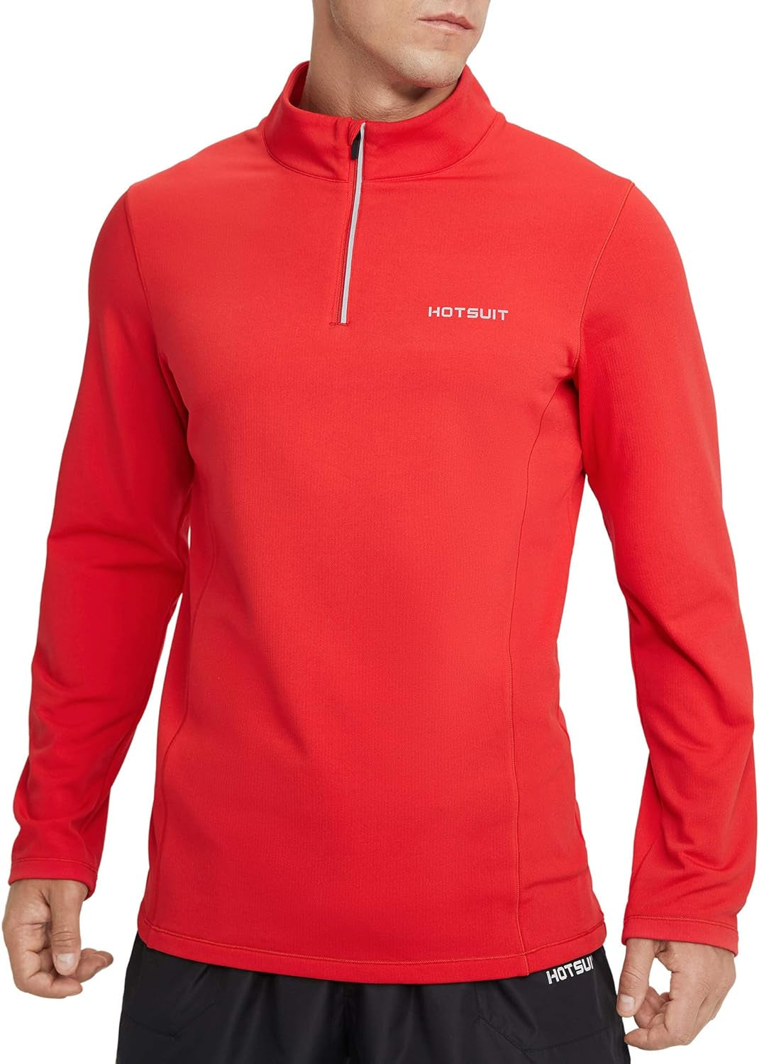 HOTSUIT men's 1/4 zip running pullover, lightweight fleece with long sleeves, quick dry, reflective design for outdoor exercise.
