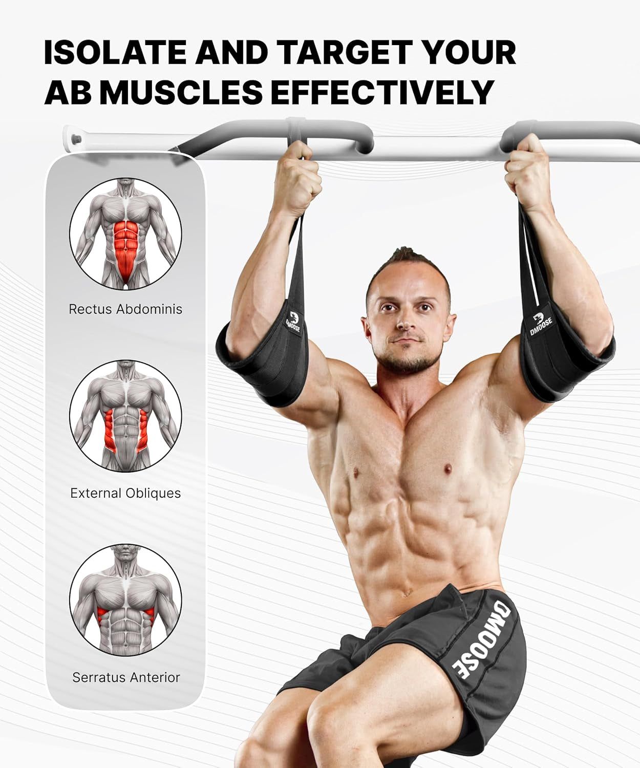 Dmoose Fitness hanging ab straps with padding and steel carabiners for pull-ups, leg raises, and core exercises at home or gym.