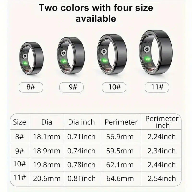 Smart Ring Fitness Tracker sizes and colors available with stainless steel fitness tracker ring specifications.