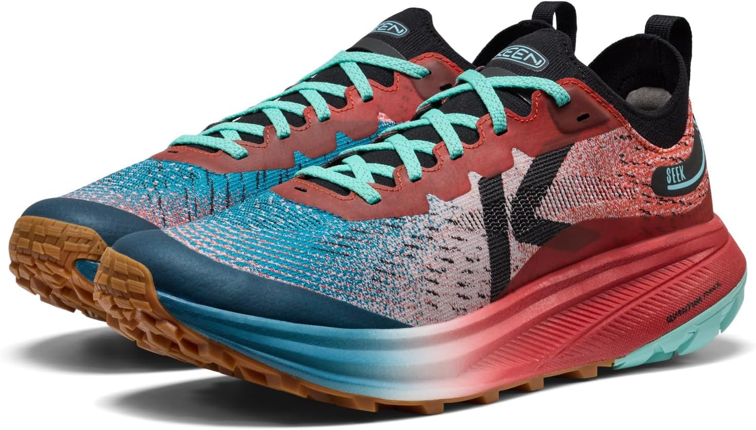 KEEN Seek Trail Running Shoes in gray and black with rugged outsole and breathable mesh upper for outdoor trail running.