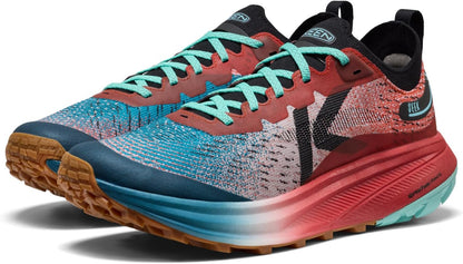 KEEN Seek trail running shoes in gray and black with rugged soles and breathable mesh upper for outdoor running.