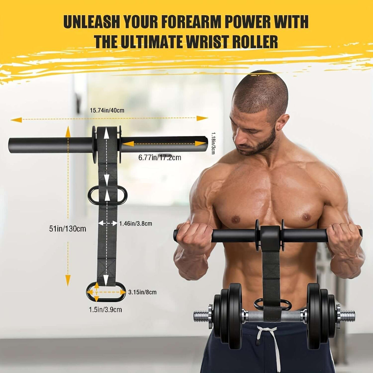 Ultra-Strong Forearm & Wrist Strengthener for fitness training, showcasing dimensions and usage for effective workouts.