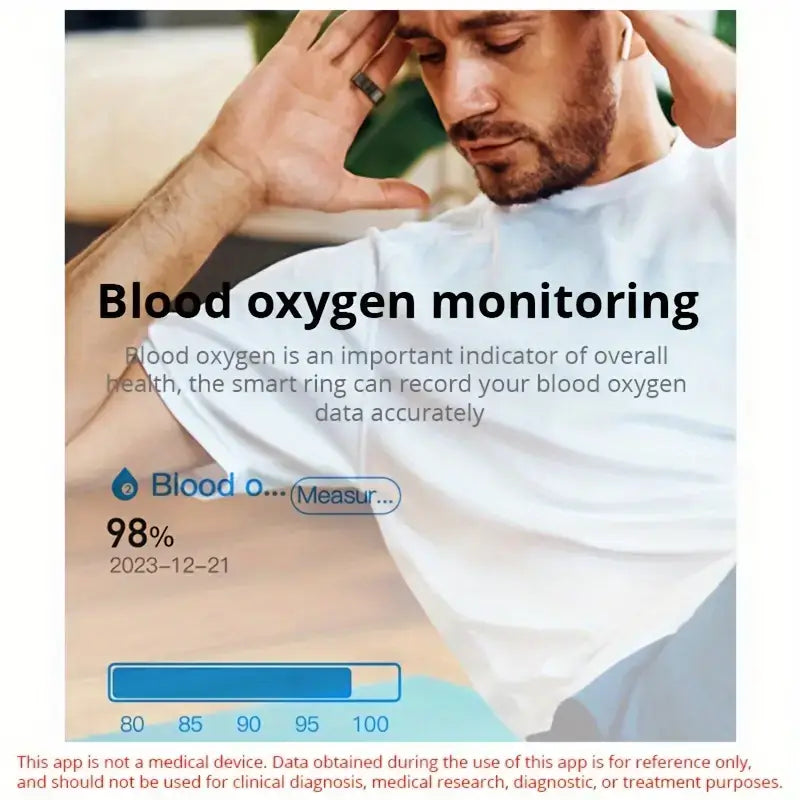 Blood oxygen monitoring display on a smart ring showing 98% reading for accurate health tracking.