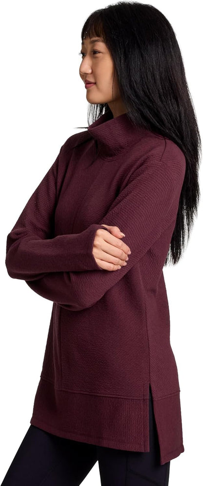RBX Active women's quilted cowl neck pullover sweater with lightweight mock neck and thumbholes, cozy and stylish for active wear.