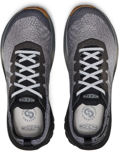 KEEN Seek trail running shoes in black with rugged outsole, breathable mesh upper, and supportive design for outdoor running.