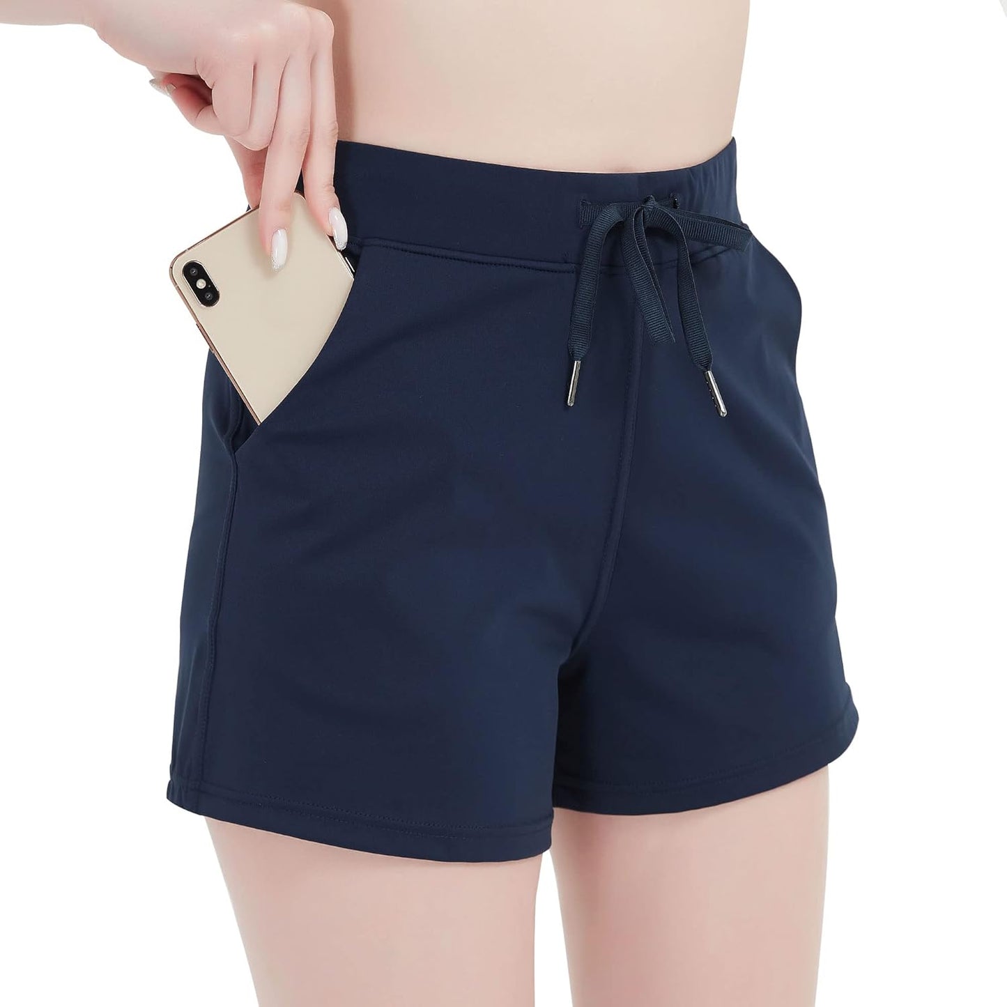 RIBOOM women's 2-in-1 workout running shorts with pockets, featuring a sporty design for active yoga and gym workouts.