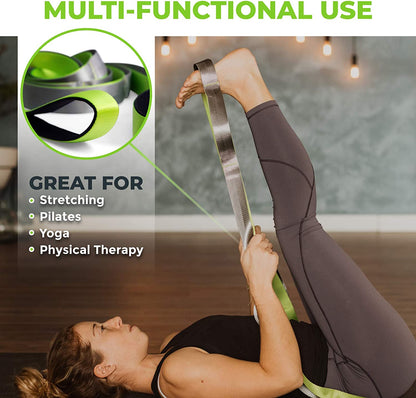 Gradient Fitness 12-loop stretching strap with neoprene handles, ideal for physical therapy, yoga, and leg stretching exercises.