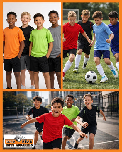 Four Black Bear boys' athletic short sleeve shirts in black, perfect for active youth, made with performance dry-fit fabric.