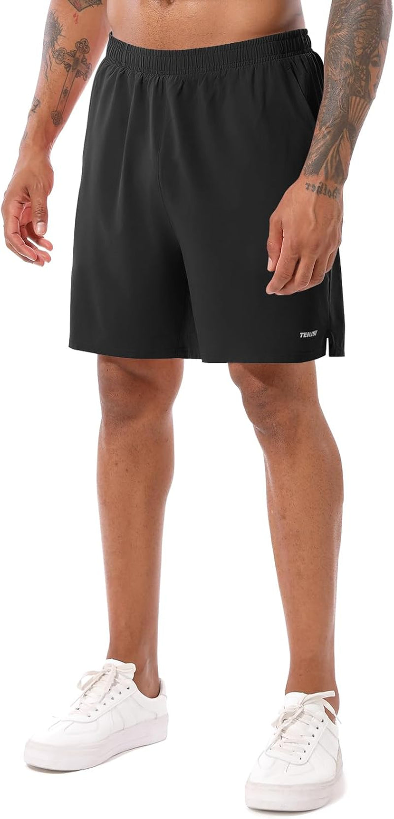 Men's TENJOY 2-in-1 running shorts, available in 5 or 7 inches, with quick dry fabric and phone pockets for athletic workouts.