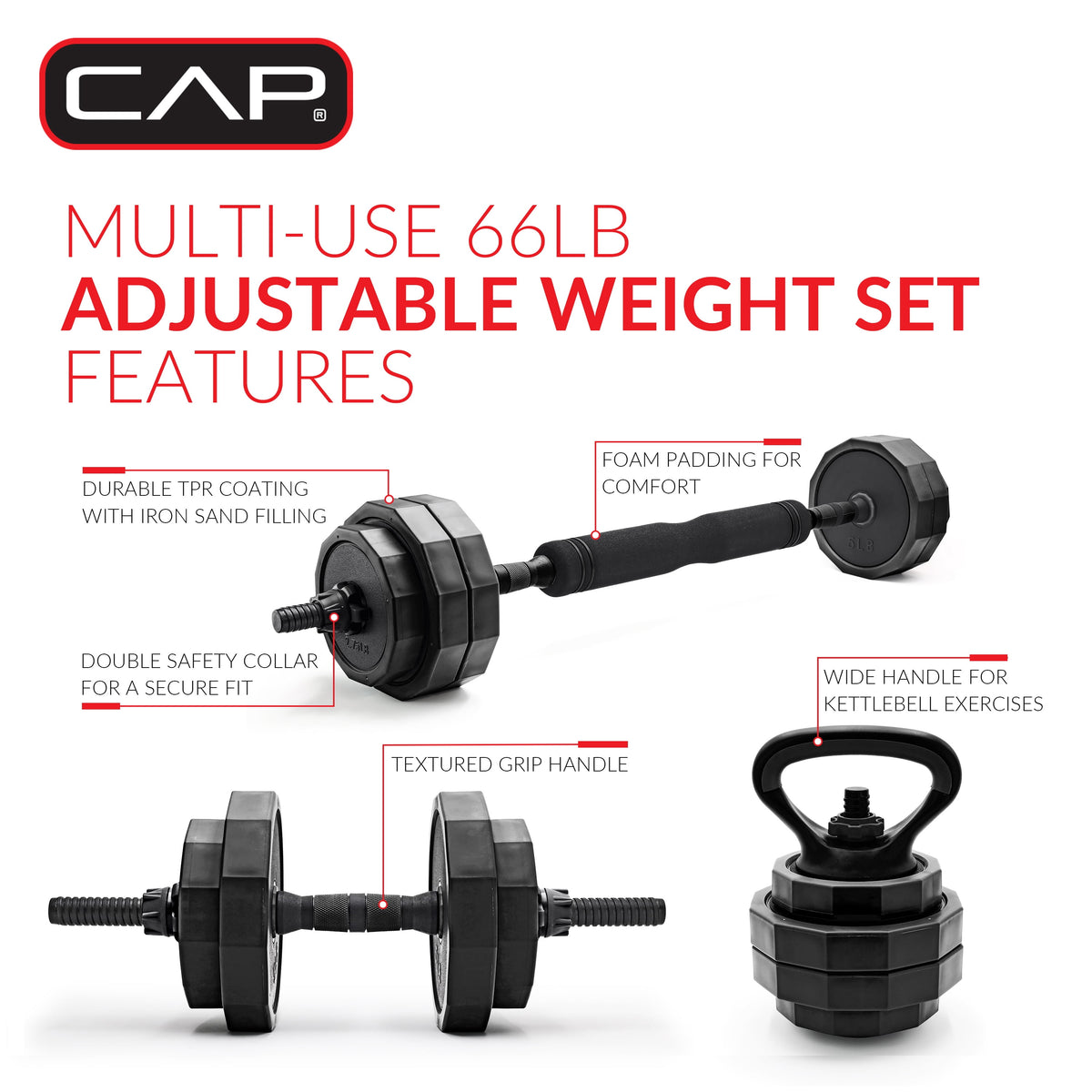 CAP 66Lb Versatile Weight Set - Adjustable Dumbbell, Barbell & Kettlebell for Complete Full-Body Workouts, Sleek Black Design