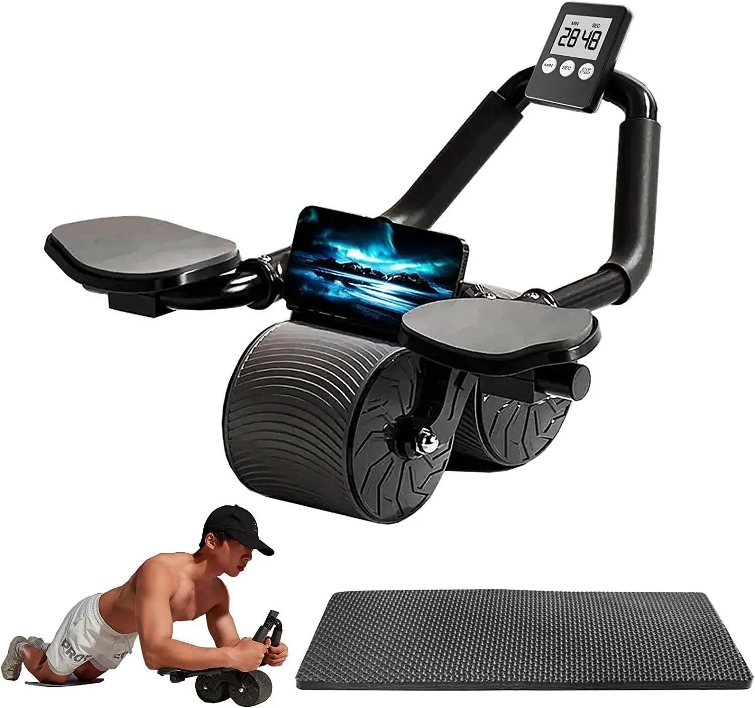 Ab roller wheel with elbow support, abdominal muscle trainer, and digital timer for core and full-body workouts at home gym.