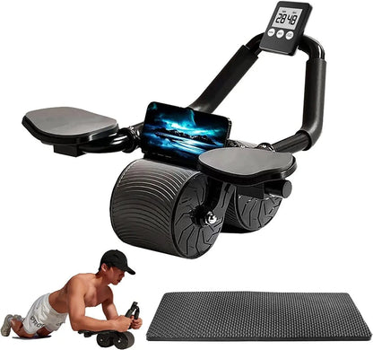 Ab roller wheel with elbow support, abdominal muscle trainer, and digital timer for core and full-body workouts at home gym.
