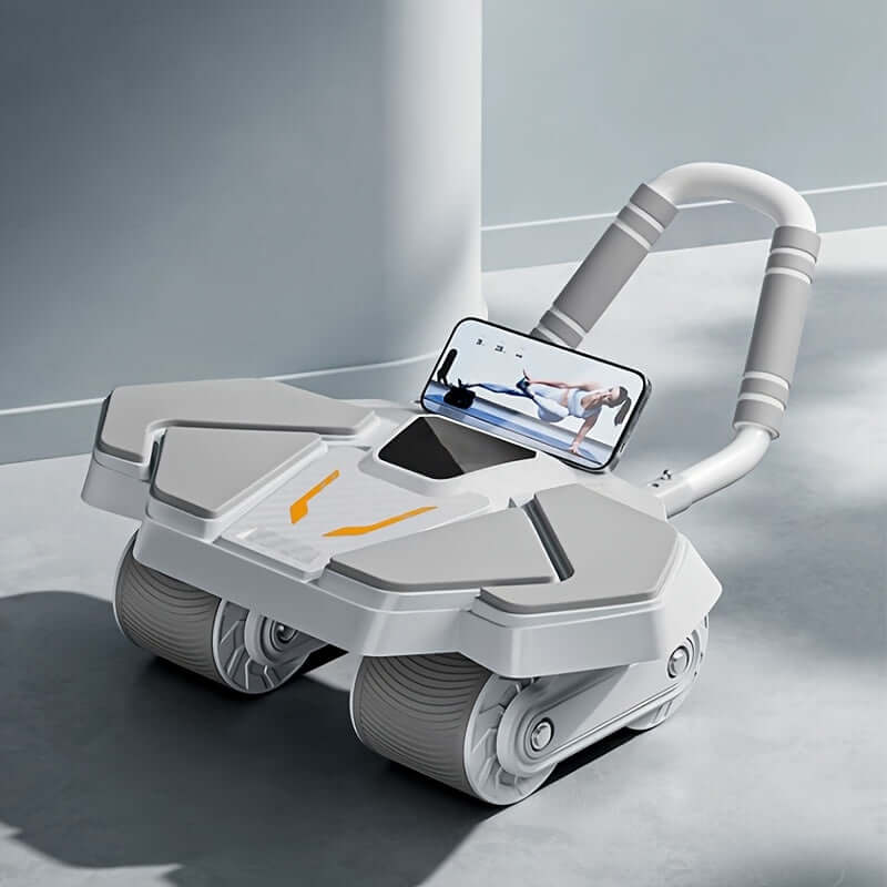 4-wheel ab roller with elbow support showcasing ergonomic design for workouts with phone holder.