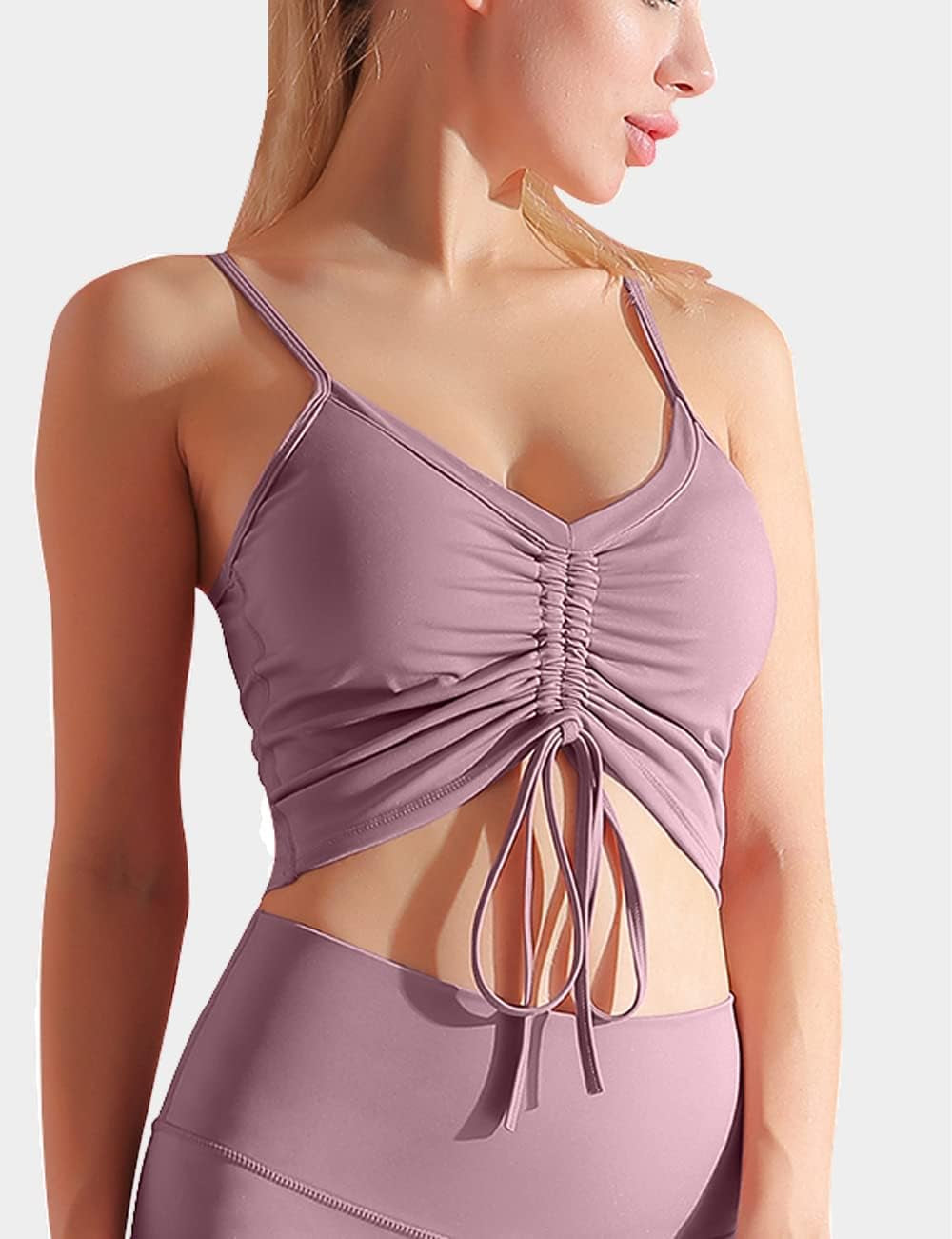 Tansuitme women's longline sports bra with thin straps, racerback design, padded crop top for yoga, gym, and workout training.