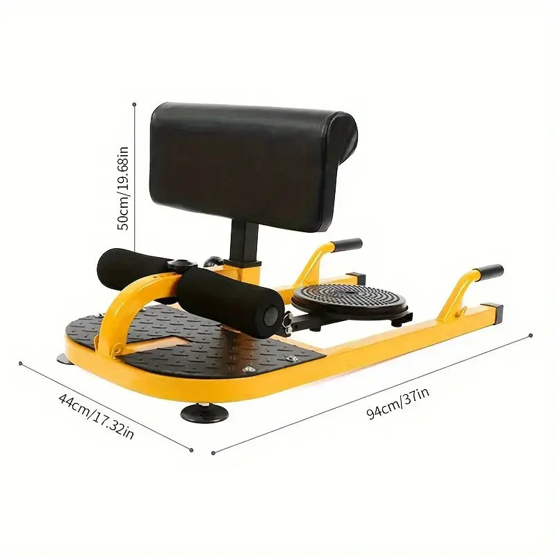 Multifunctional abdominal trainer showing dimensions and practical design for home workouts and gym sessions.